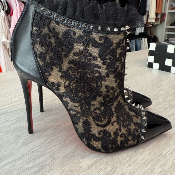 Christian Louboutin Black Lace Studded Ankle Boots - Picture 2 of 7